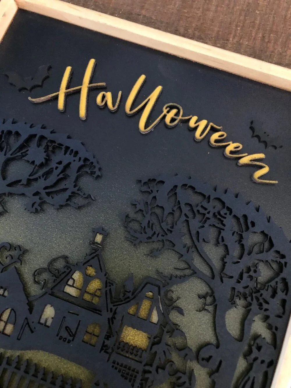 Halloween Hanging Wall Art: Spooky Haunted House with Flying Bats, Handmade